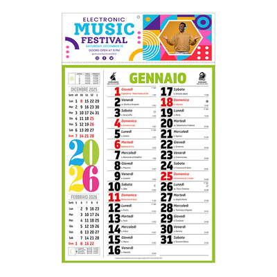 Calendario 2026 da muro mensile multicolore,12 fogli, su carta patinata, termosaldato | Multigrafica.net
